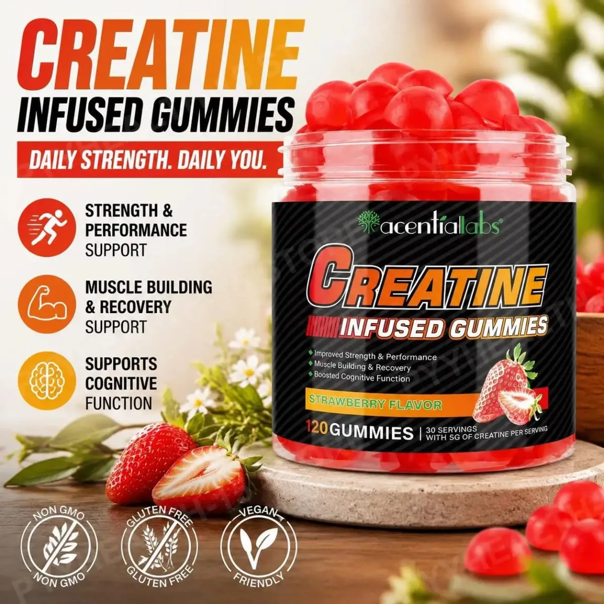 Acentilabs Creatine Monohydrate Gummies for Strength and Performance Muscle Building and Recovery Strawberry 120 Gummies — image 2