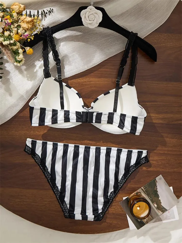 Sexy Lingerie Black and White Stripes Lingeries Set Steels Ring Push Up Bra Underwear Set Elegant Intimate Lingerie for Woman — image 2