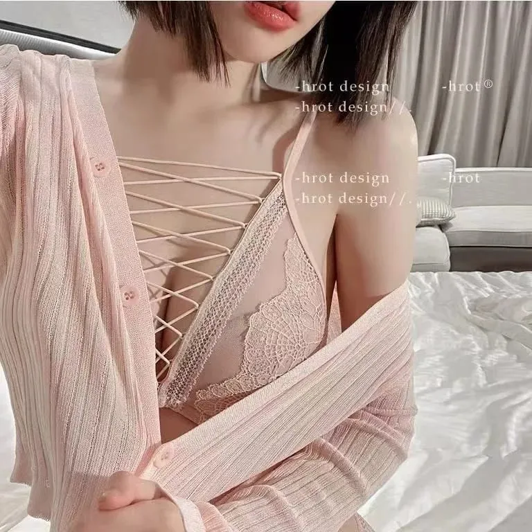 French Sexy Lingerie Set Soft Underwire Push Up Bra for Small Chest Deep Gather Lace Up Cutout Pure Look CA MOYISU Sexy Tushy — image 13