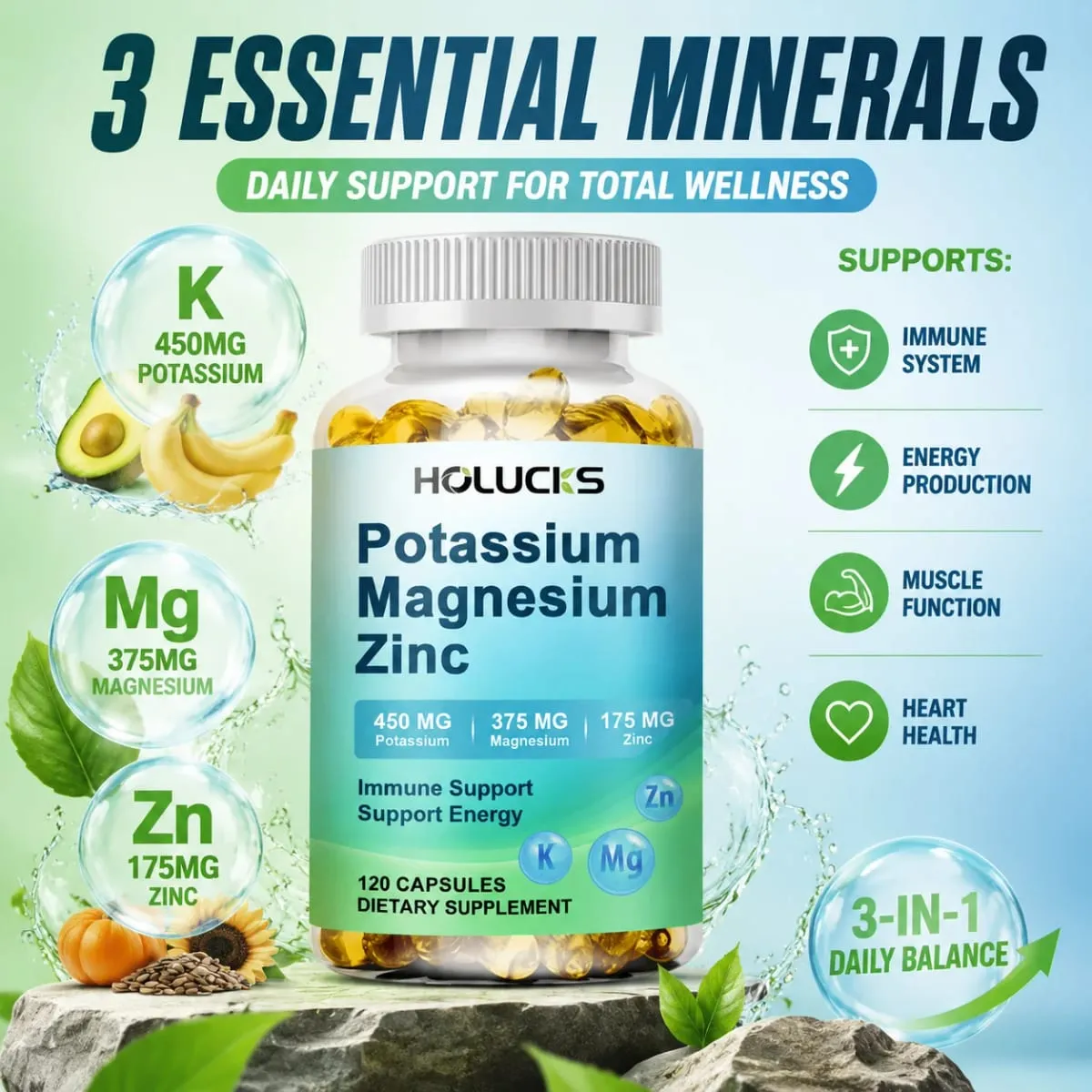Potassium Magnesium Zinc Capsules - Bone & Heart Health Supplement Sleep Support Muscle Relaxation Stress & Anxiety Relief