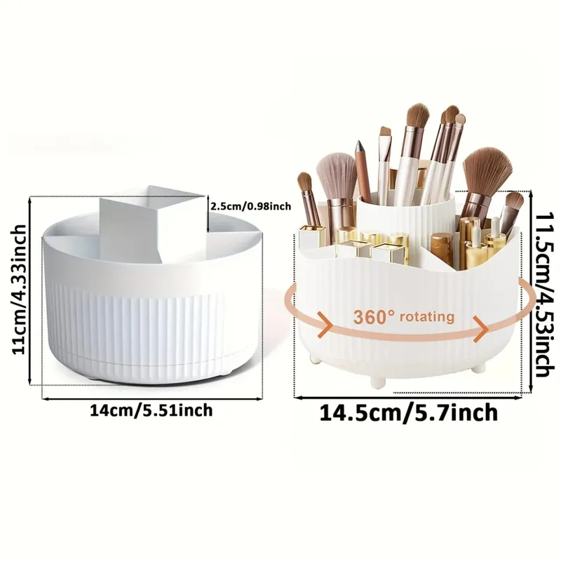 360-Degree Rotating Makeup Organizer 5 Slot Plastic Cosmetic Storage Elegant Stripe Versatile Holder for Brushes Office Supplies — image 6