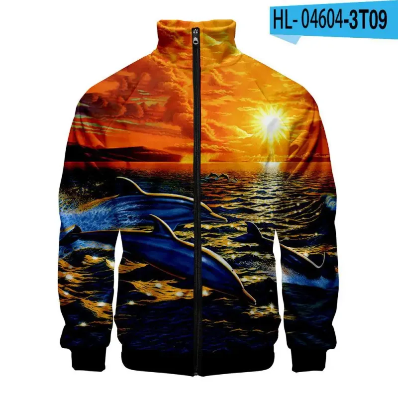 Harajuku Popular Novelty dolphin 3D Print Zipper Raglan Jacket Windbreaker Boys/Girls Comfortable Stand Collar Jackets Coats