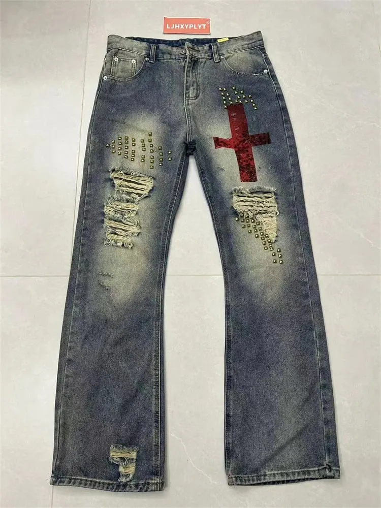 Men's Rivet Hole Design Street Retro Jeans Casual Pant Vintage Boys Straight Unisex Sweatpants Male High Waist Wide Leg Trousers — image 6
