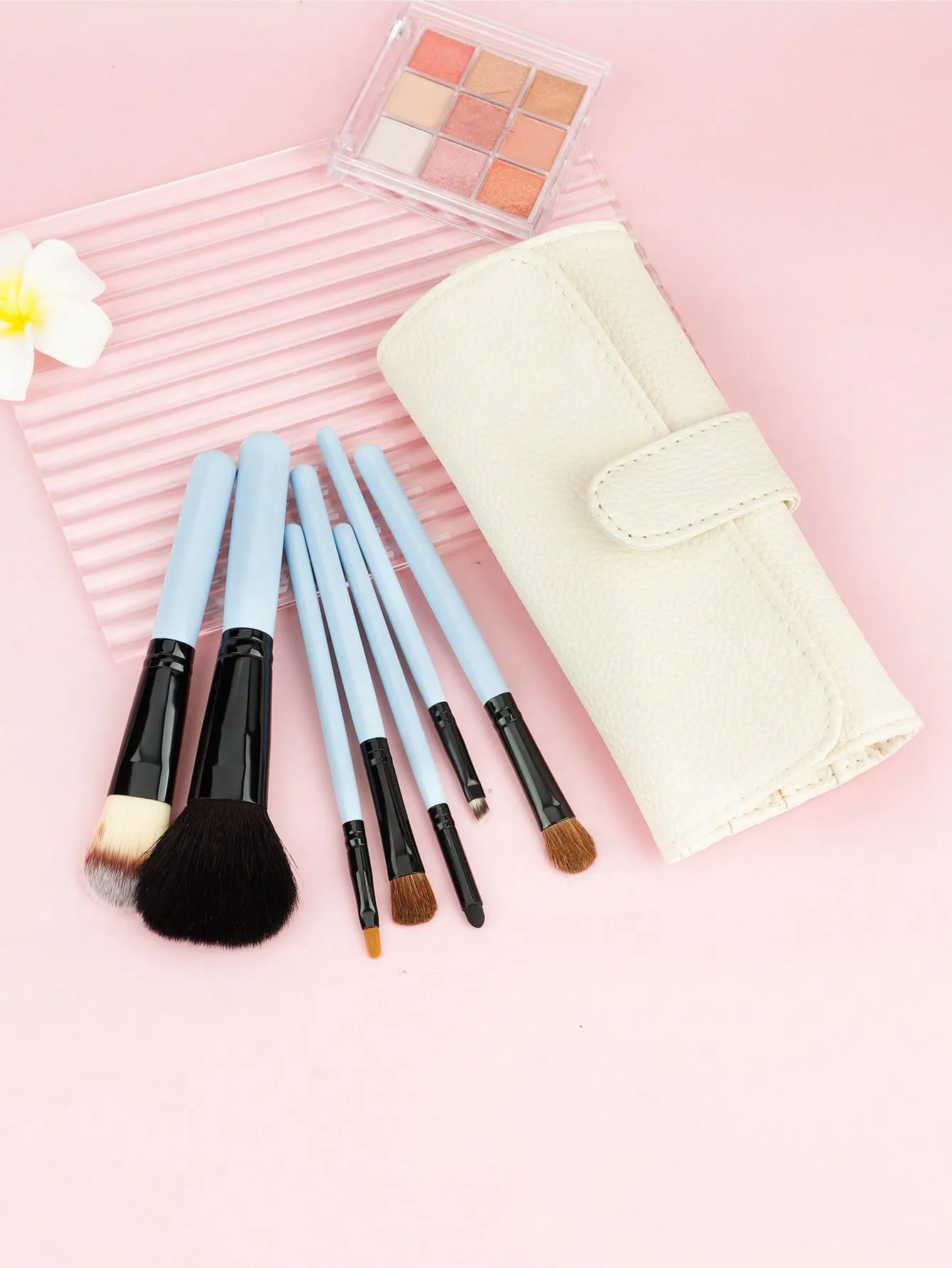 7 Pcs Pink Makeup Brush Set With Leather Case Foundation Blush Eyeshadow Brushes Portable Cosmetic Make‑up Tools Kit — image 3