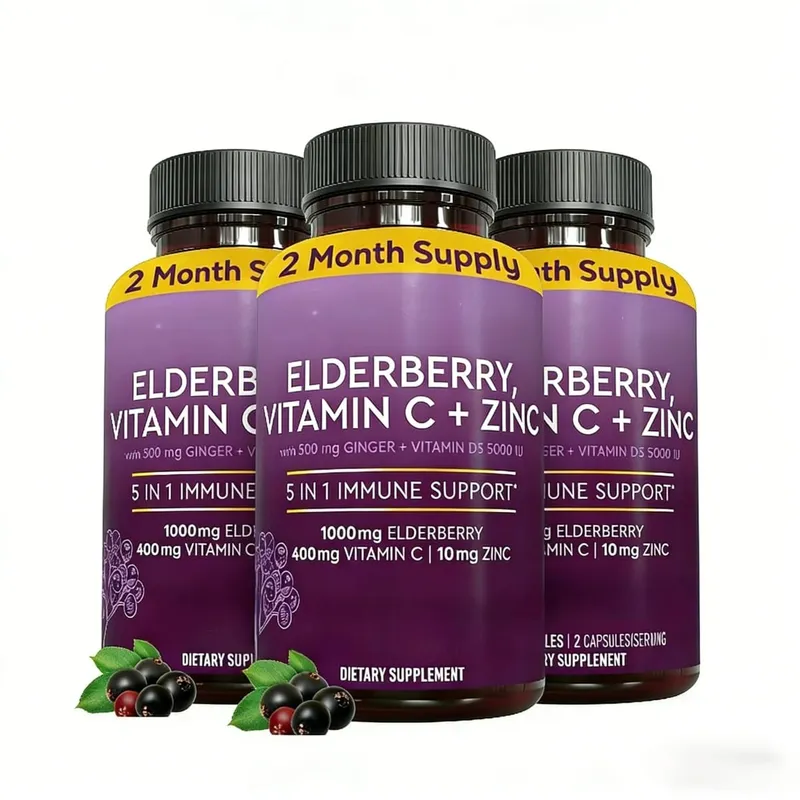 แคปซูล Elderberry พร้อมวิตามินซีสังกะสี D3 ขิง Sambucus Black Elderberry Herbal Blend การสนับสนุนสุขภาพรายวันสำหรับผู้ใหญ่