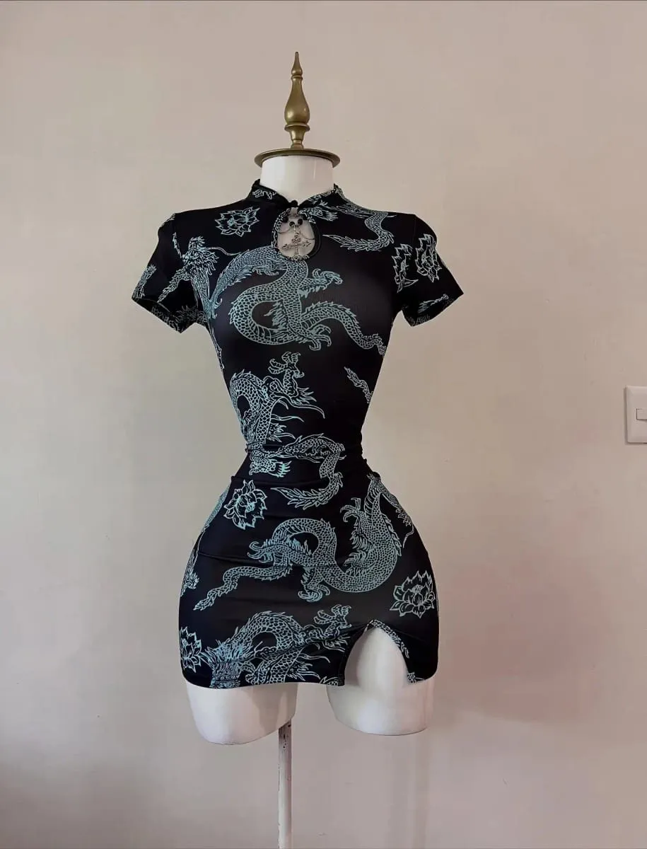 National Trend Style Dragon Pattern Improved Cheongsam Short-Sleeved Stand-Up Collar with Buttoned Sexy Slit Short Skirt — image 7