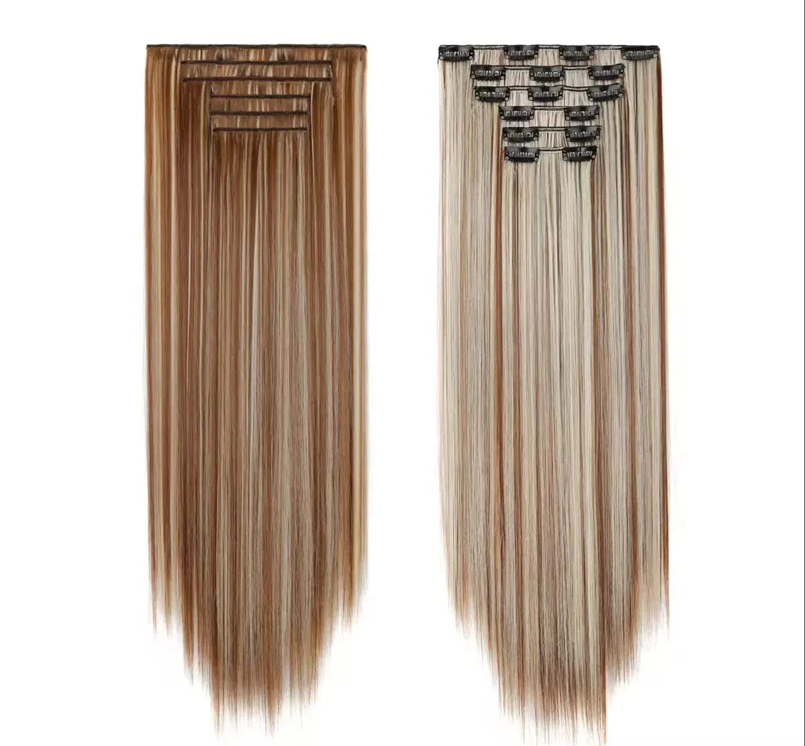 24 Inch Long Straight Clip In Hair Extensions 16 Pieces Thick Synthetic Hairpieces Soft Natural Synthetic Fibers