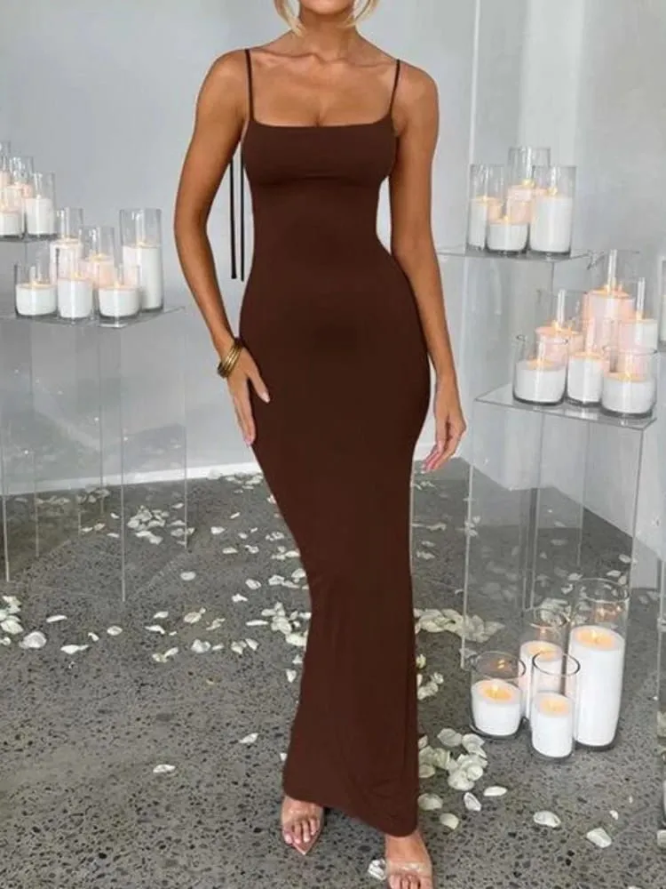 Elegante abito lungo slim senza schienale con apertura profonda sul retro Abito lungo da donna con cinturino per spaghetti senza maniche aderente Abito lungo sexy da club — image 5