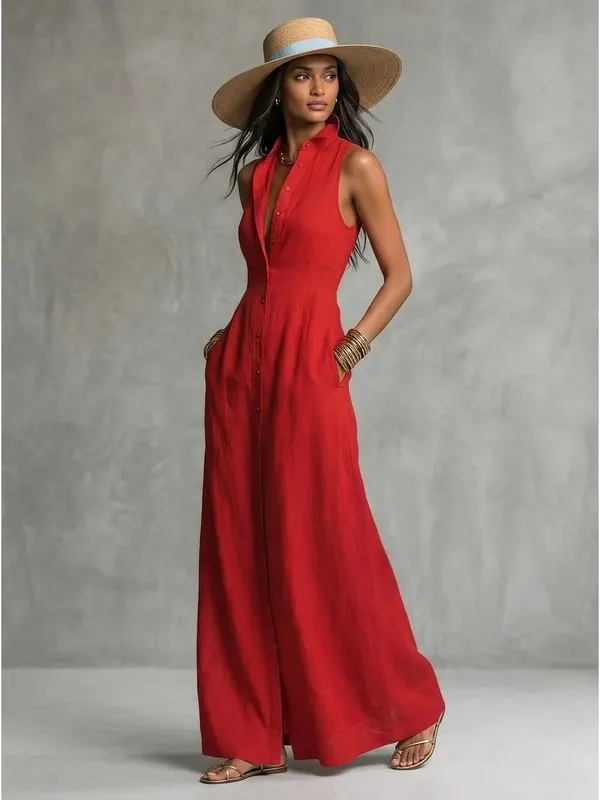 Freeacy Women Sleeveless Shirt Collar Maxi Dress 2026 Summer Solid Red Button Front Slim Fit Cotton Blended Vacation Dresses