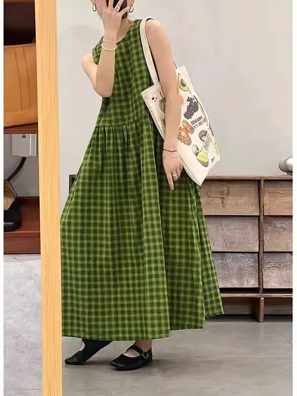 Slimming Plaid Cotton Lin Svel Long Dr Women's plus Size Dstring Waist round Ne Vest Skirt Commute Sle Summer... — image 2