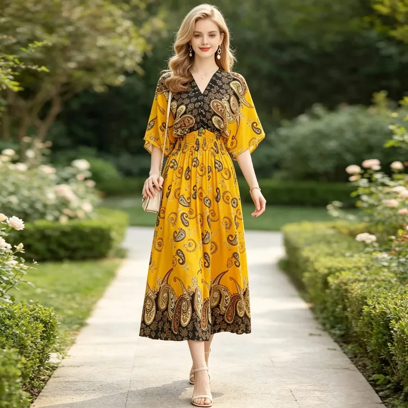 Boho Holiday Women V-Neck Batswing Short Sleeve A-Line Midi Dresses Slim Elastic Waist Casual Vintage Office Lady Elegance Dress