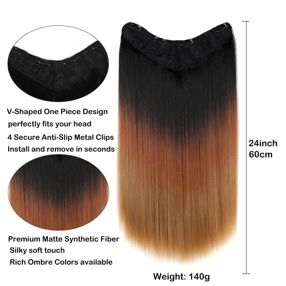 U Shaped One Piece Clip In Hair Extensions 4 Secure Clips Straight Ombre Synthetic Hairpiece 140g For Daily Party