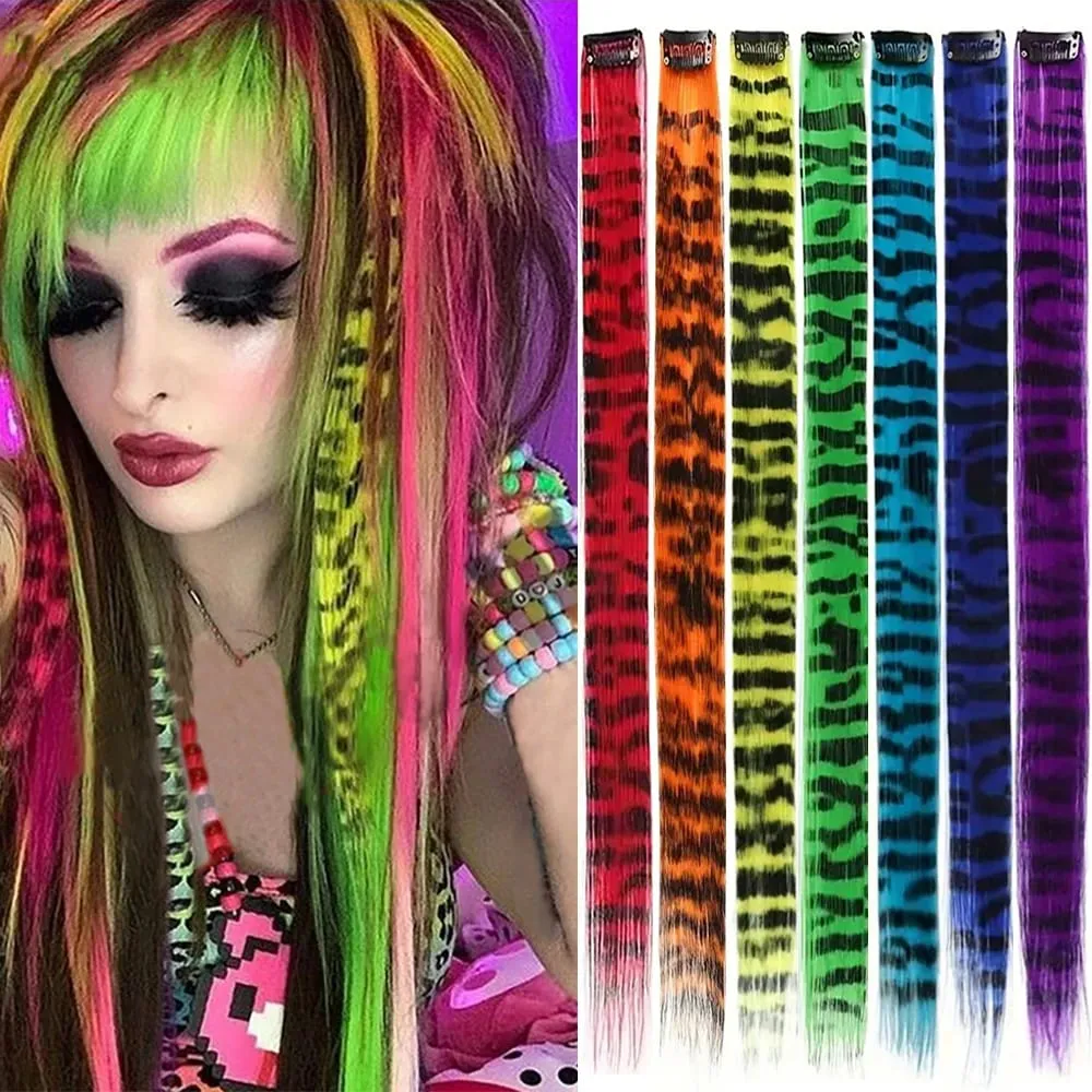 18' 7 Pcs Rainbow Long Straight Zebra Print Synthetic Feather Clip in Hair Extensions for Women Ideal Halloween Christmas