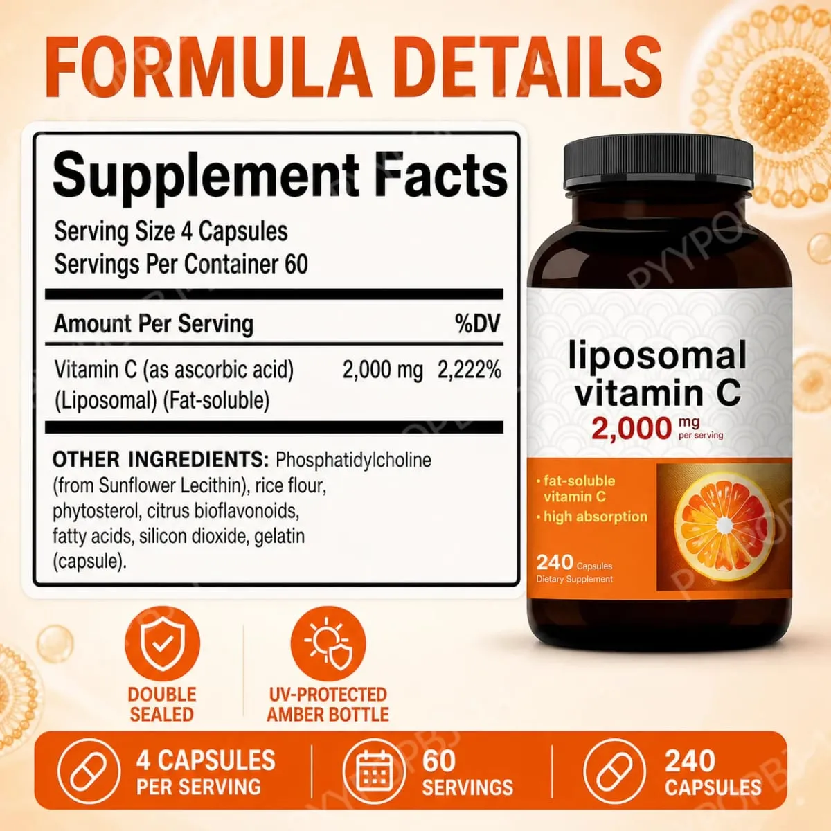 Liposomal Vitamin C 2000mg High Absorption Fat-Soluble 240 Capsules 60 Servings Non-GMO Gluten Free — image 3