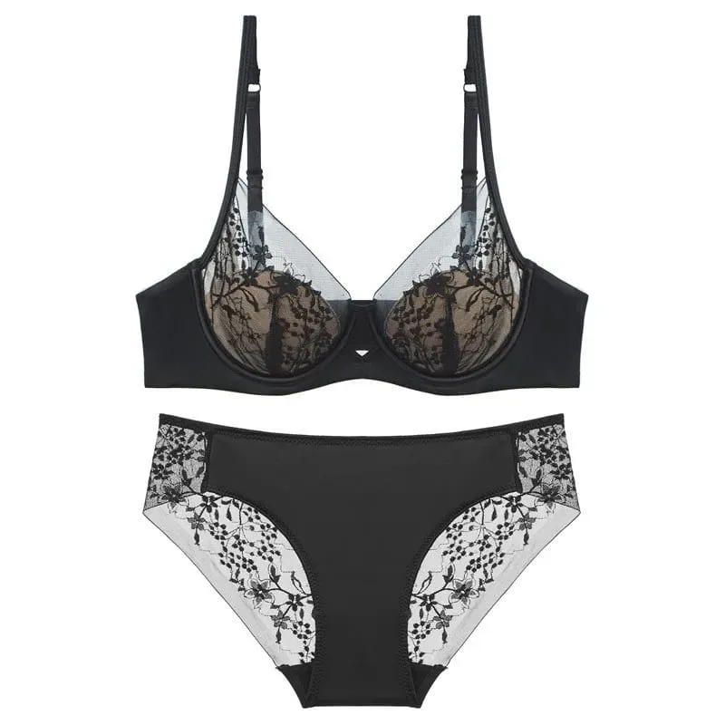Thin Cup Lightly Lined Mesh Floral Lace Push-up Bra and Panties Set Beautiful Underwear for Woman Brassiere Sexy Lingerie — image 3