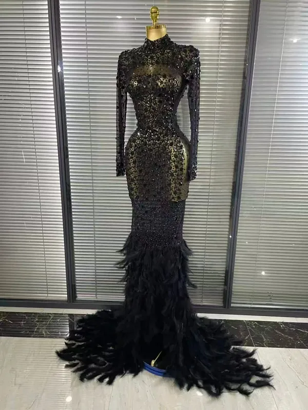 Black Red Women Long Sleeve Sexy Sparkly Crystal Mesh See Through Feathers Floor-length Mermaid Dress Evening Party Prom Outfit