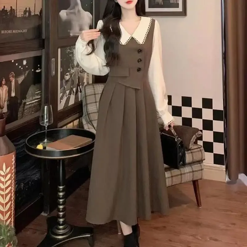 Women Dresses 2026 patchwork fake two-piece long-sleeved baby collar high quality design autumn elegant long dress vestidoes — image 2