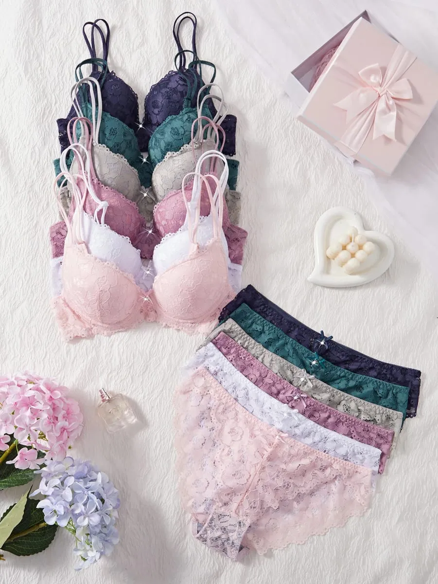 6-Piece Solid Women's Underwear Set Floral Lace Push Up Bra Sexy Hollow Out Panties Comfortable Lingerie Set — image 1