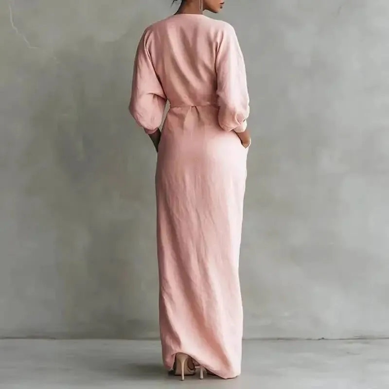 Women's Sexy V Neck Wrap Waist Dresses 2026 Spring Casual Solid Slim Bodycon Hips Elegant Long Sleeve Slit Maxi Dress — image 4