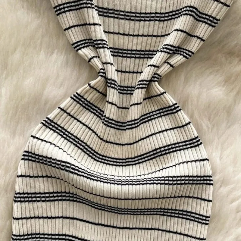 Summer Women Sexy Sleeveless Off Shoulder Sundress Knitted Camisole Dress Metal Star Hit Striped Short Bodycon Wrap Dress — image 5