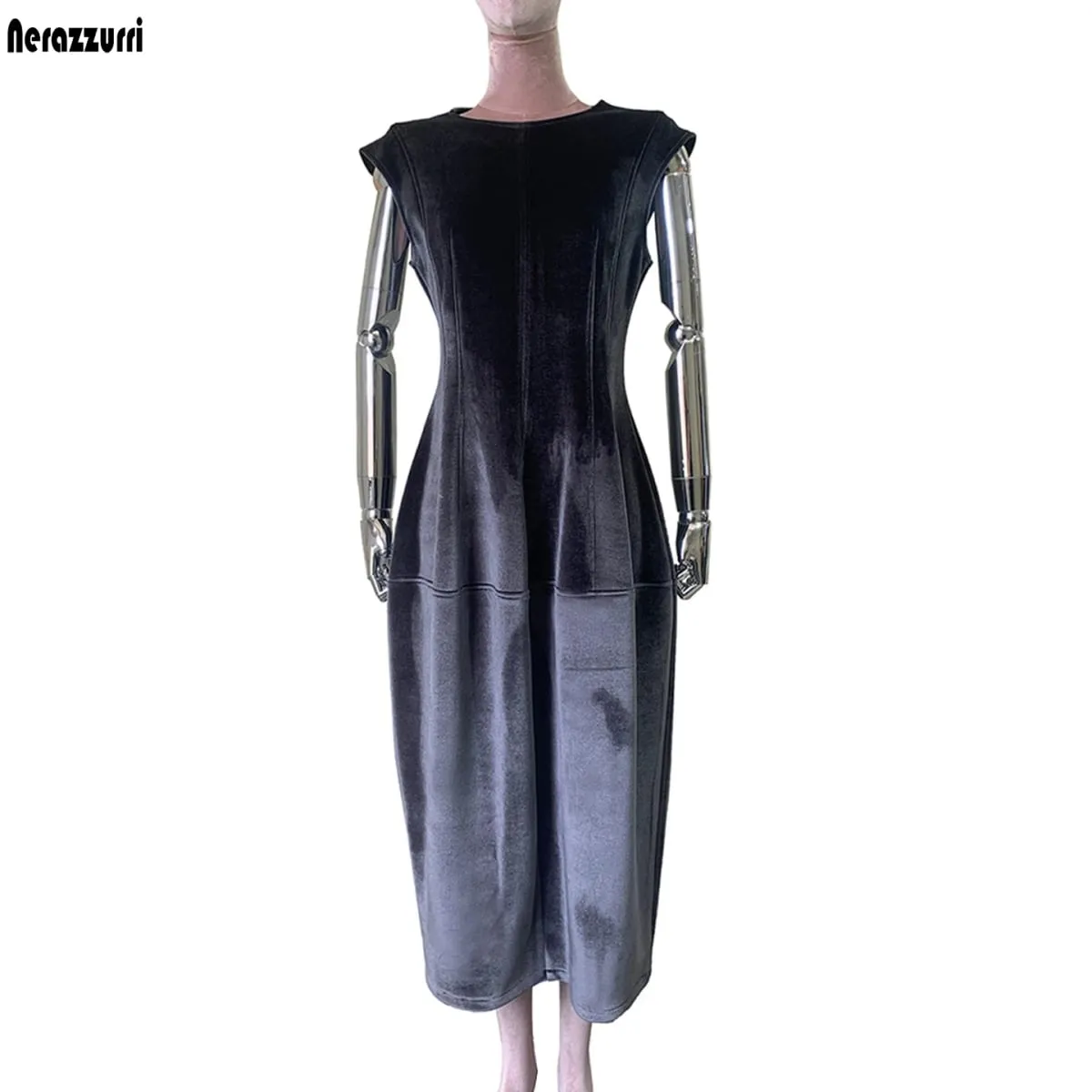 Nerazzurri Summer Autumn Long Luxury Elegant Luxury Fitted Dark Gray Sleeveless Soft Velvet Modest Dresses for Woman High Waist — image 2