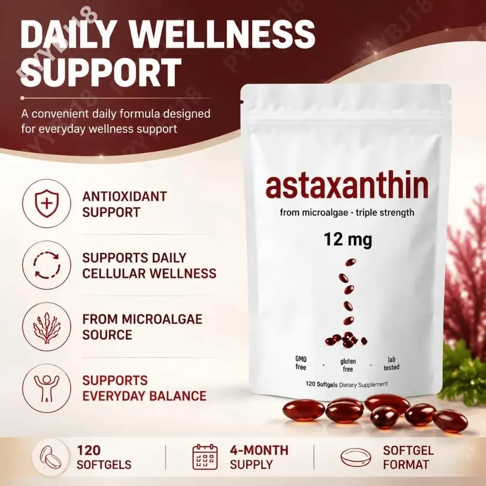 Astaxanthin 12mg Softgels from Microalgae Triple Strength Antioxidant Supplement Cellular Wellness & Everyday Balance 120 Count — image 2