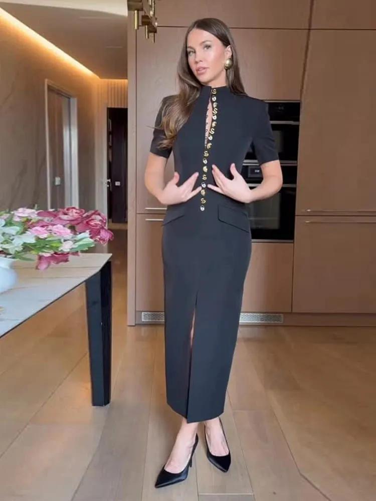Elegant Women's Dress V-neck Short Sleeve Single Breasted Solid Female Long Dresses 2026 Summer Fashion Sexy New Chic Lady Robe — image 2