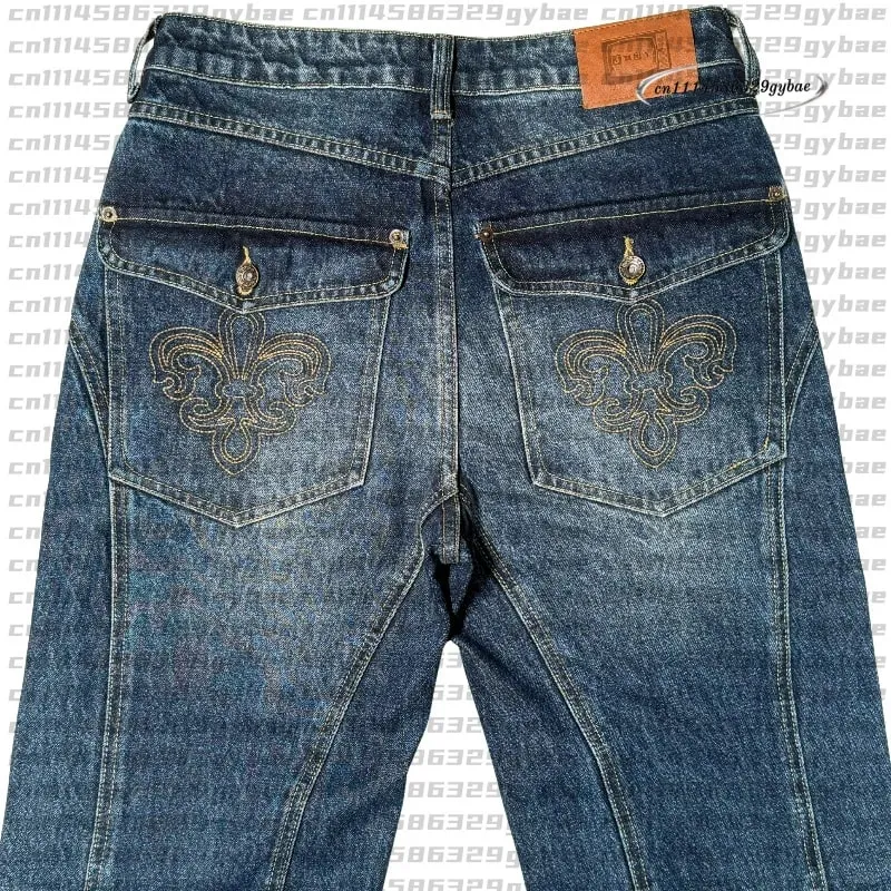 2026 Y2K Retro Blue Flare Jeans Unisex Washed Denim Pants Embroidered Back Pocket Streetwear Wide Leg Bootcut Jeans — image 5