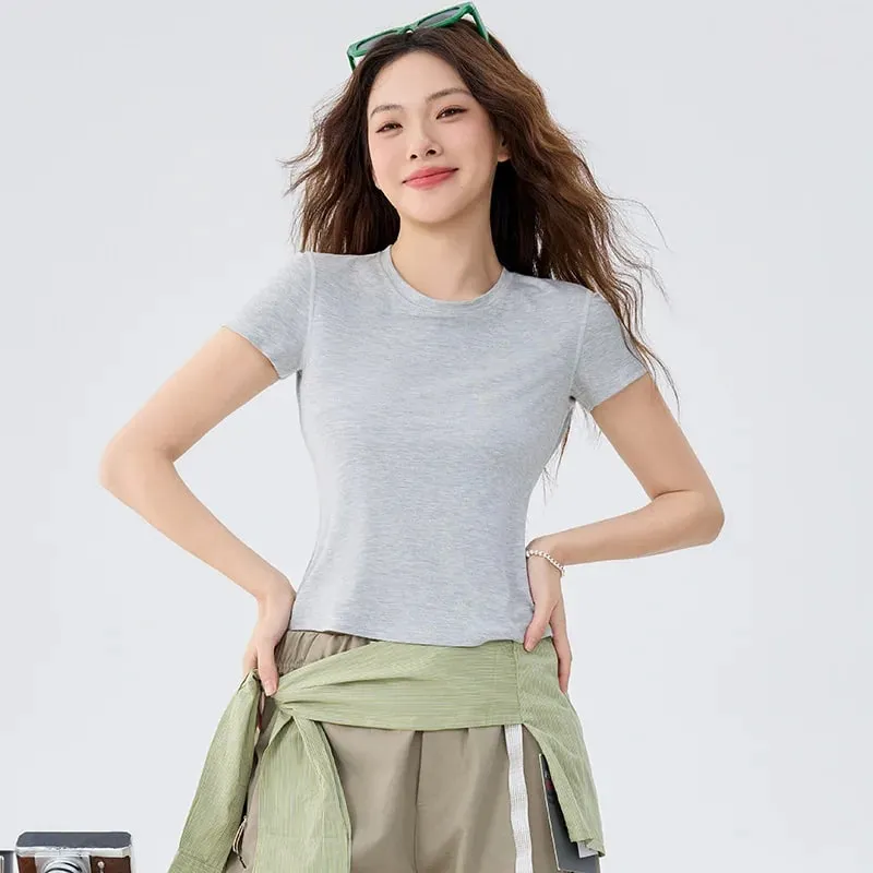 Soft Lightweight Breathable Short Sleeve T-Shirt Women Straight Shoulder Slim Fit Antibacterial Solid Simple Versatile — image 4