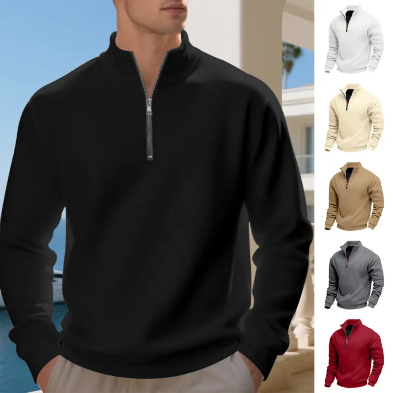 Autumn Winter Men's Fleece Quarter Zip Pullover Man Long Sleeved Loose Stand-up Collar Sweater Casual Comfy Mock Neck Sweatshirt — image 2