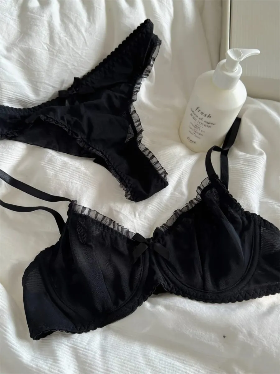 Black lace mesh lingerie feel underwear thin bra gathered up support large breasts show small bra set — image 7