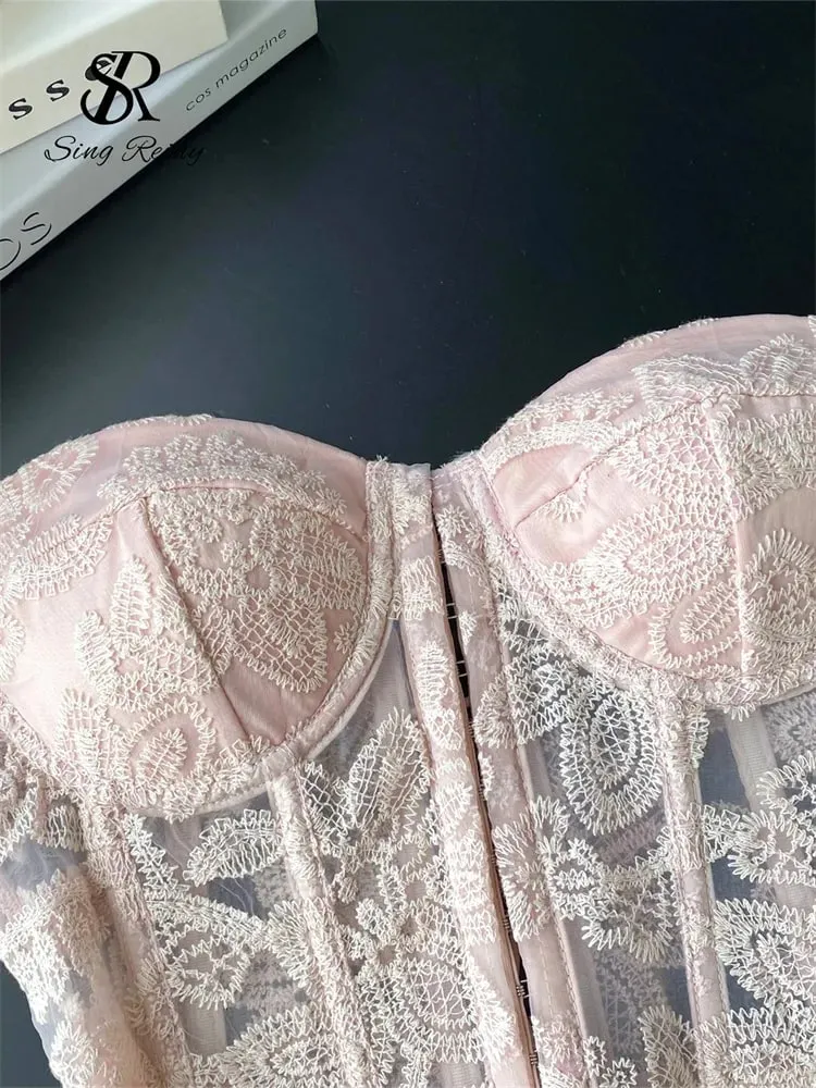 Floral Embroidery Sexy Club Top Female Strapless Slim Corset Backless Tank Top French Lace Up Basics Sheer Camisole — image 4