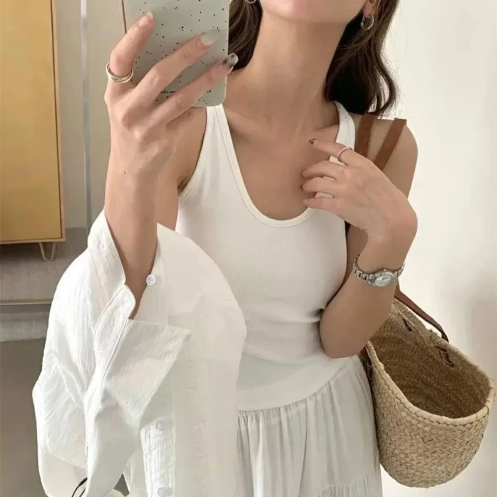 Korean Style with Chest Pad Strap Vest U-Neck Solid Color Backless Sleeveless Top Slimming Women Camis Summer — image 1