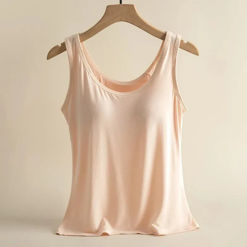 1pcs Women's Vest Tops Round Neck Vests Solid Color Padded Slim Fit Tank Tops Sexy Feminino Casual Tank Tops With Built In Bras — image 11