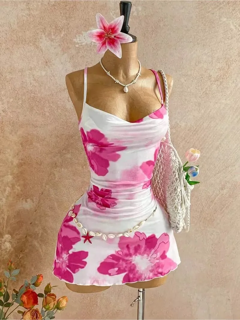 Women Thin Strap Cowl Neck Pink Floral Print Side Ruched Ruffle Hem Mini Bodycon Dress 2026 Summer Tropical Beach Y2K Going Out — image 4