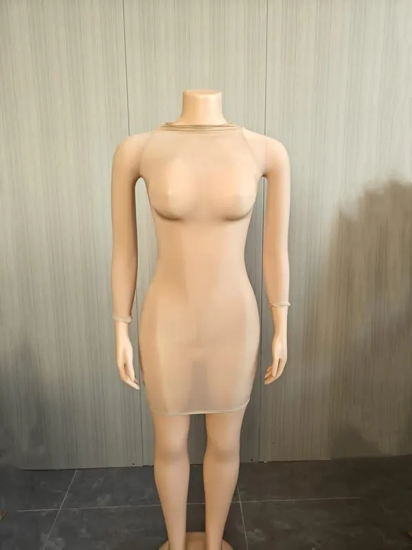 Oil Shiny Seamless Body Stockings Bodycon Mini Dress Women See Through O Neck Long Sleeve High Stretch Silky Glossy Clubwear — image 11