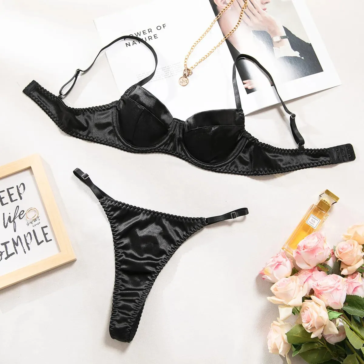 2 Pcs Sexy Bra Set Women Underwear Underwire Push Up Satin Patchwork Bras and Thongs Suits Attractive Bilizna Intimate Set — image 4