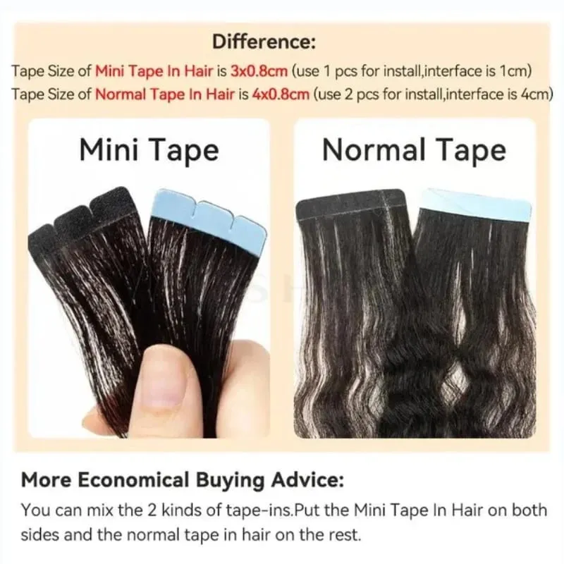 Natural Black Mini Tape in Hair Extensions Human Hair Extensions 3x0.8cm Tape on Hair 10pcs/pack Add Volume Tape Ins
