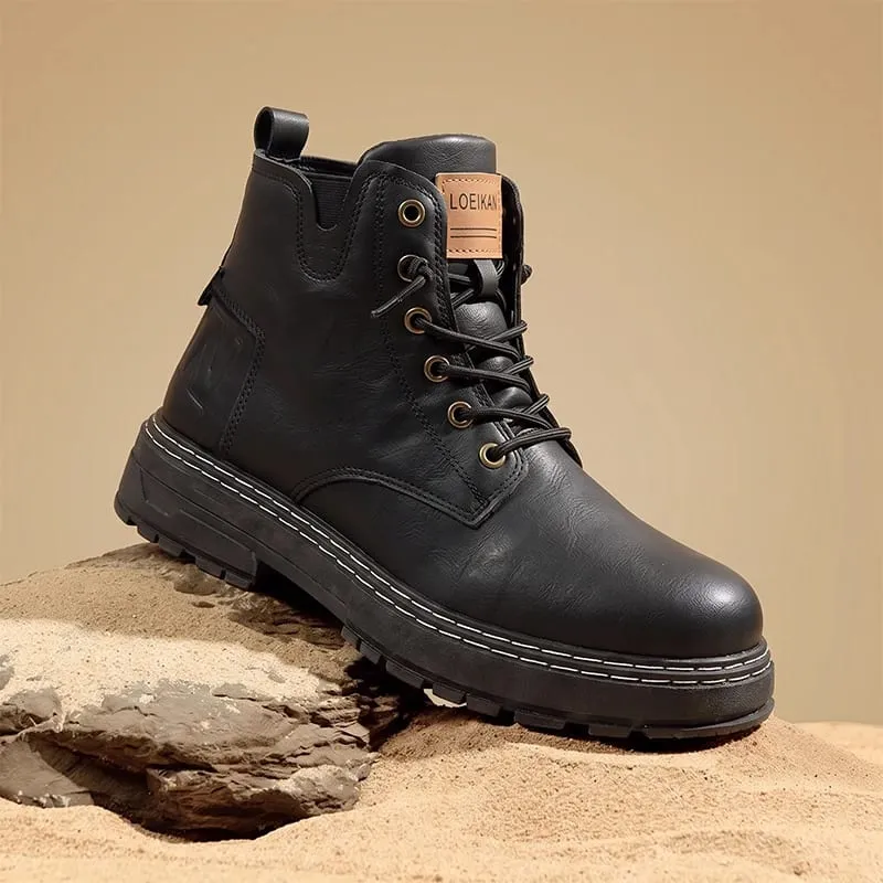 Men High‑top Casual Boots Faux Leather Lace‑up Thick Non‑slip Block Sole Stitched Detail For Urban Street Daily Outing