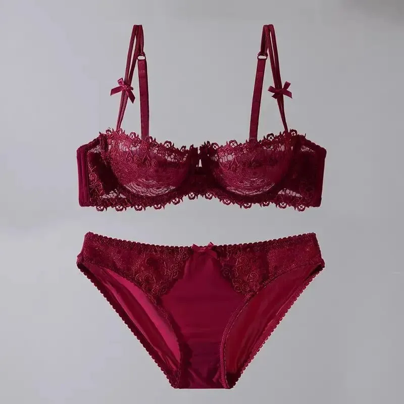 Europese kanten bh-set Ultradunne semi-transparante halve cup Pure Desire Bh's voor kleine borsten Anti-verslapping Comfortabel ondergoed — image 11