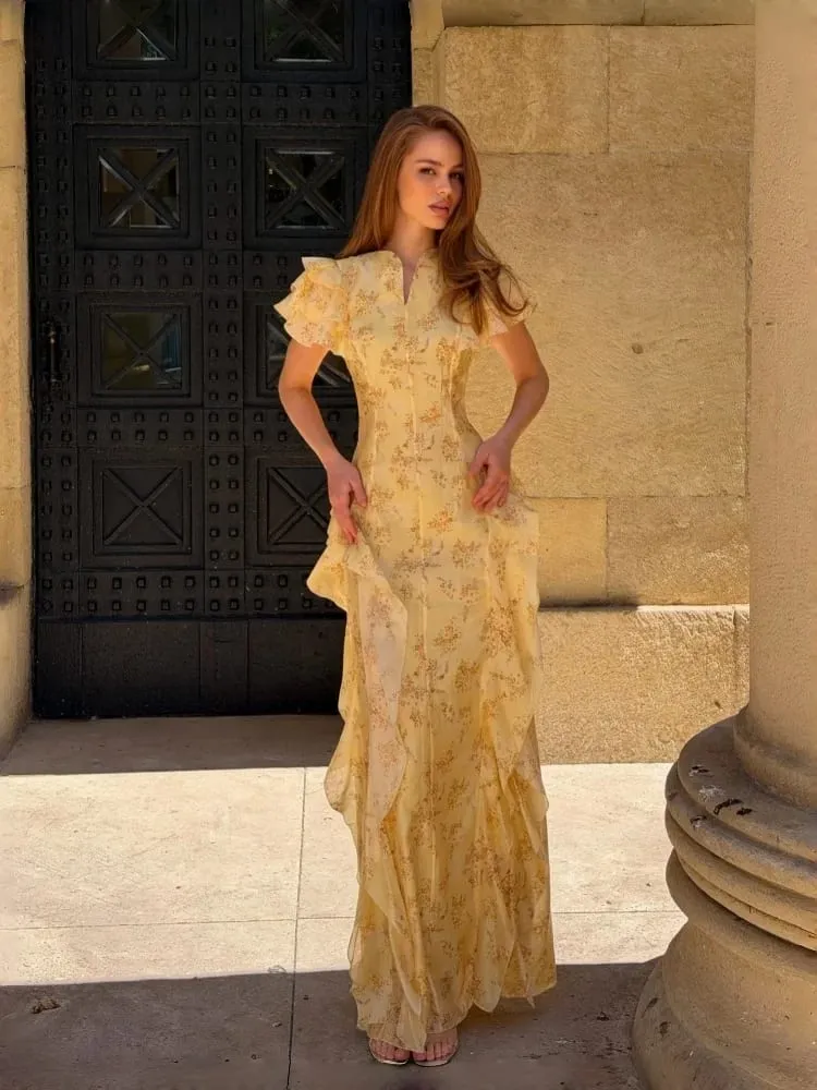 Floral Print Stand Collar Ruffled Tiered Dress Waist Cinched Flutter Sleeve 2026 Summer Women Dress Casual Delicate Lady Vestido — image 2