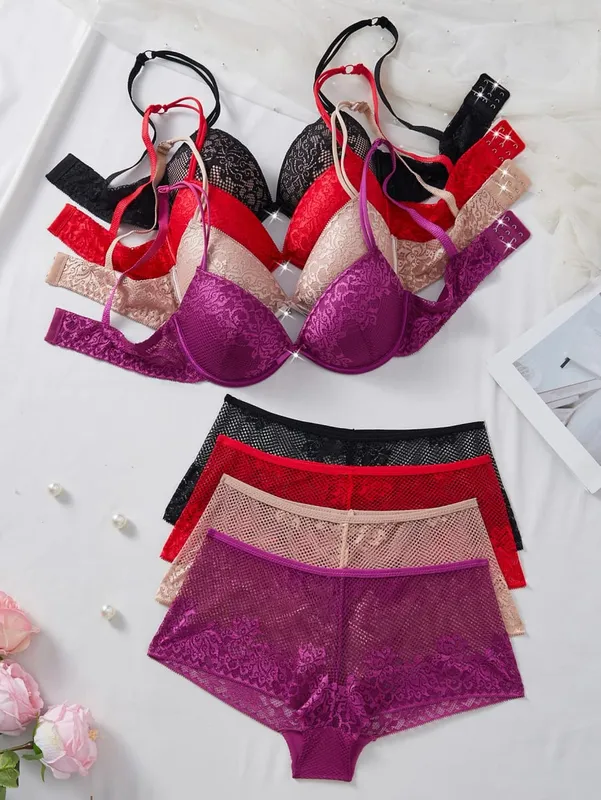 4 PCS Women's Underwear Set Sexy Floral Lace Push Up Bra Sheer Breathable Panties Stylish Comfortable Sexy Lingerie — image 8