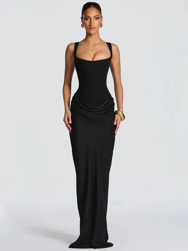 Mozision Backless Ruched Sexy Maxi Dress Women Elegant Square Collar Tapered Straps Sleeveless Bodycon Club Party Long Dress — image 6