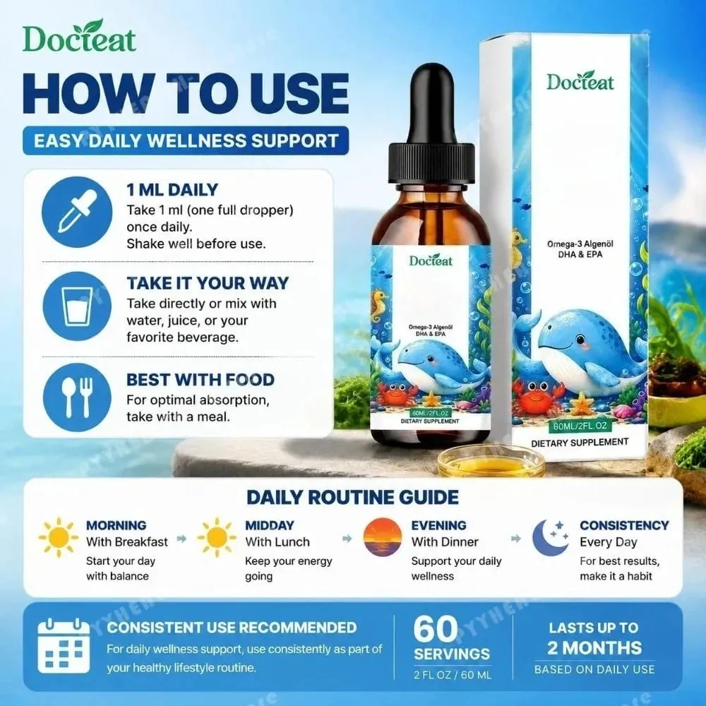 Docteat 植物ベースのオメガ 3 藻類オイル DHA EPA 液滴子供の脳の健康ビーガン非遺伝子組み換え毎日の栄養オレンジ 60 回分 — image 5