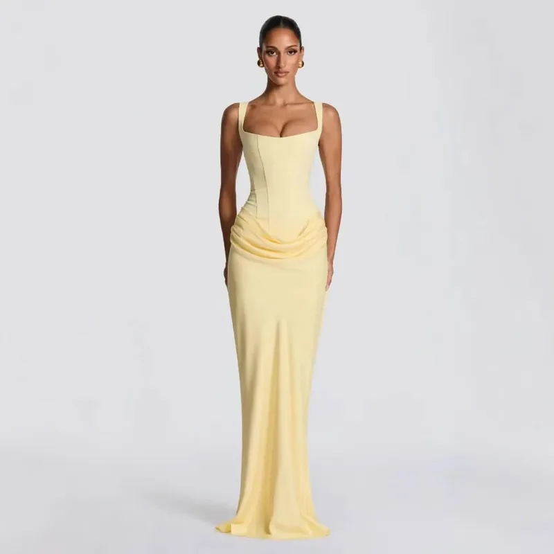 Ladies' formal square neck sleeveless waist cinching design with pleated fish tail long skirt for dinner party slimming dress — image 4