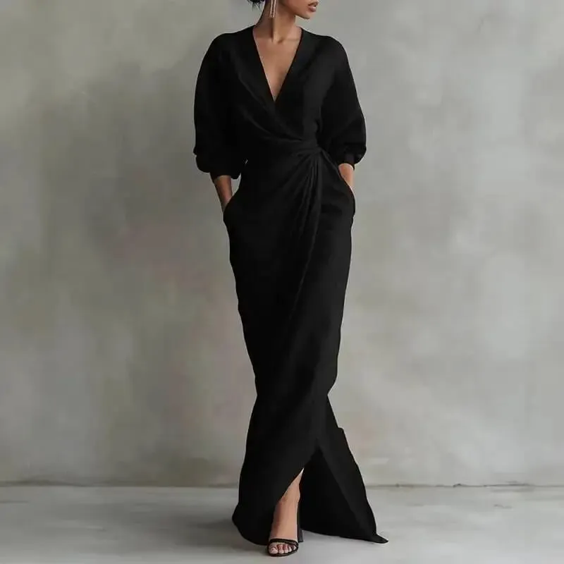 Women's Sexy V Neck Wrap Waist Dresses 2026 Spring Casual Solid Slim Bodycon Hips Elegant Long Sleeve Slit Maxi Dress — image 5