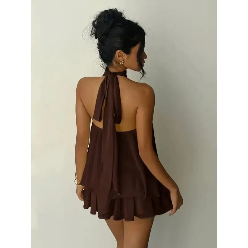 2026 Women's Elegant Halter Neck Sleeveless Ruffled Layered Chiffon Mini Dress Casual Summer Party Dress for Beach Vacation Y2K — image 3