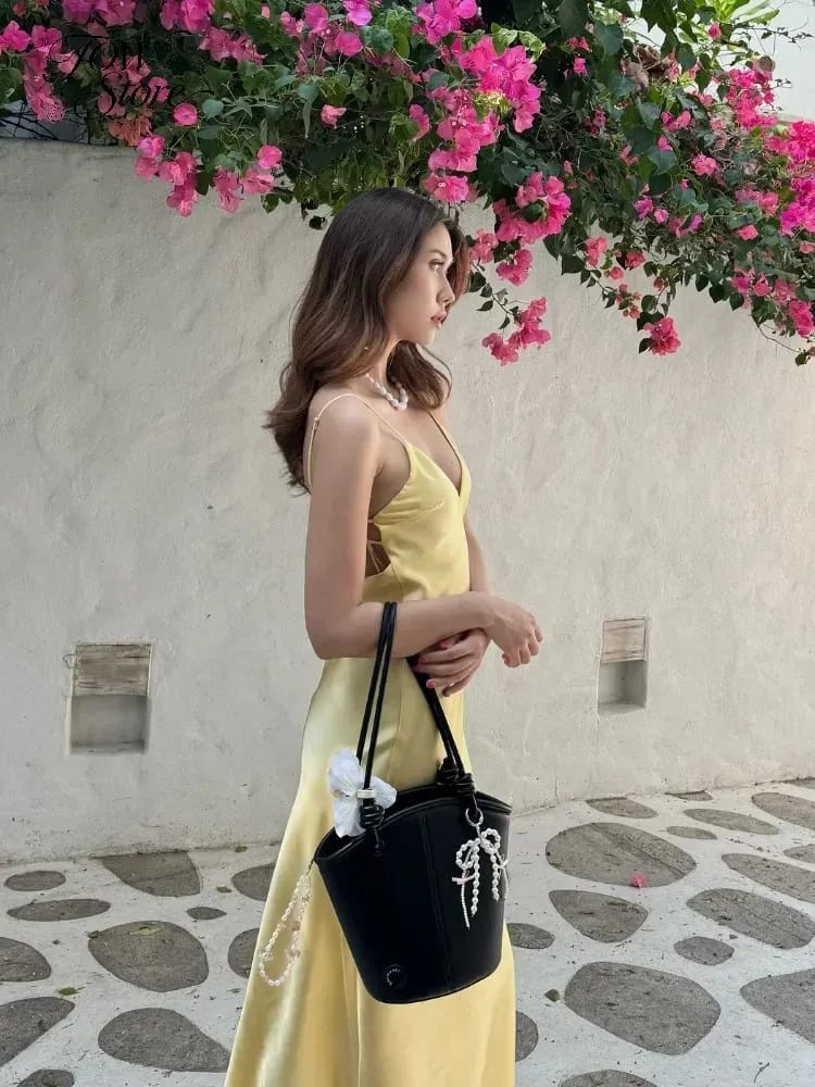 Women Solid Satin Sling Long Dress Casual Backless Sleeveless V-neck Pleated Gowns 2026 Summer Vacation Evening Party Robes — image 4