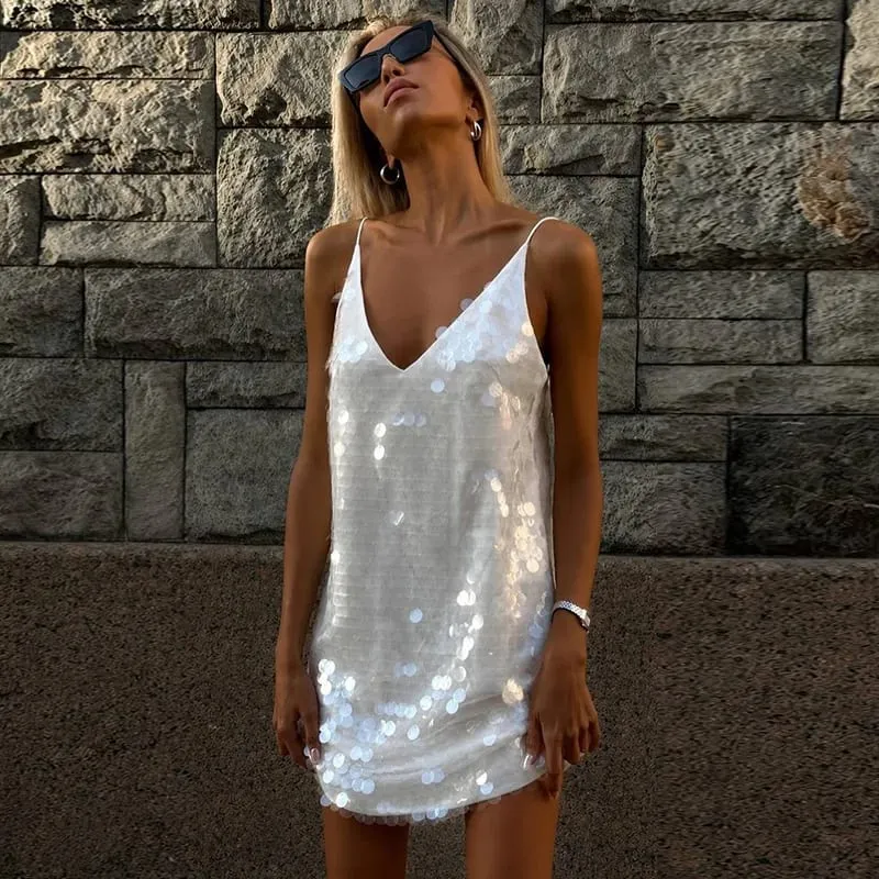 Sexy Women's Solid Sequin Sling Short Dress Sleeveless Backless V-neck Female Dresses 2026 Summer Lady Beach Holiday Vestidoes — image 4