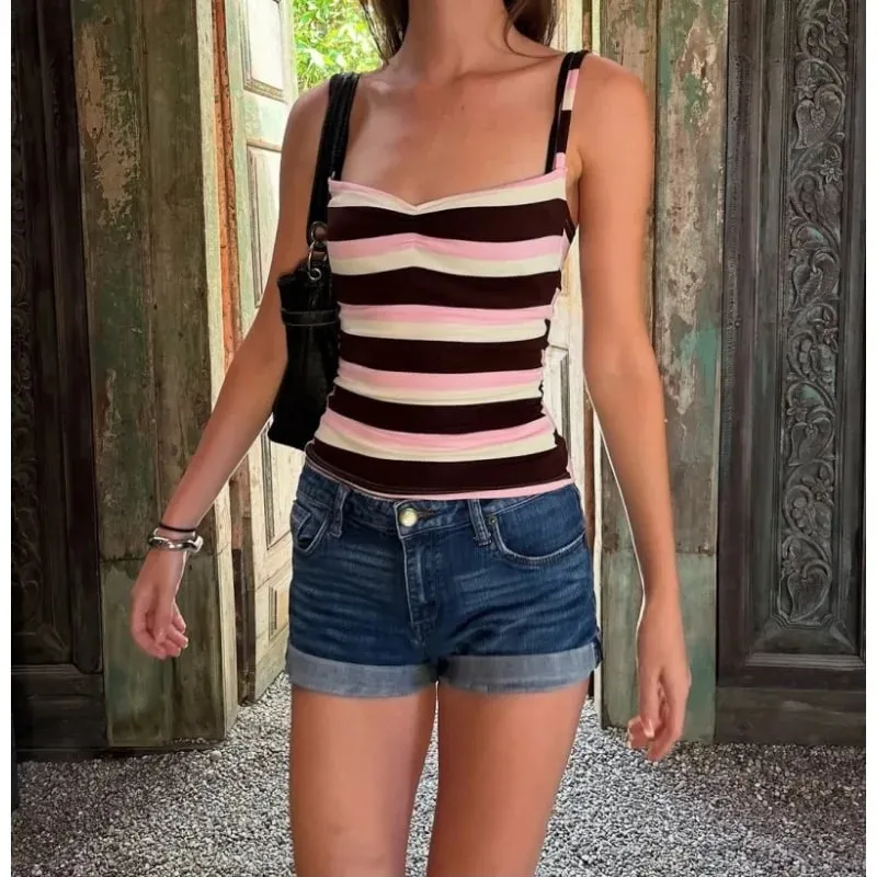 Color Block Stripe Twist Front Spaghetti Strap Cami Top Slim Fit Y2K Sweet Summer Sleeveless Tank Top
